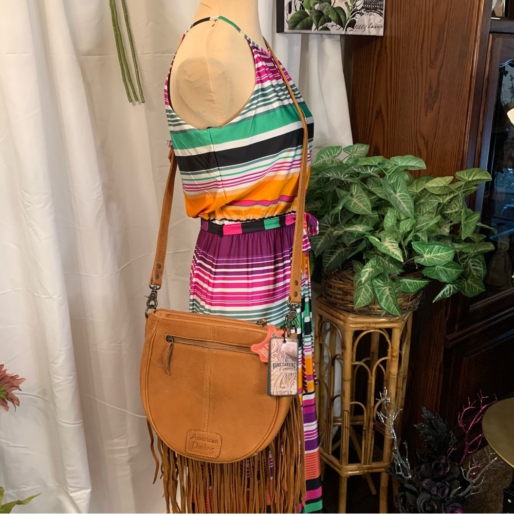 🌟Price Drop🌟❤️American Darling Tan Leather & Tooling Fringed Shoulder Bag - Picture 6 of 14